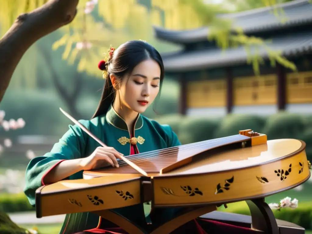 Un músico toca un guzheng chino en un jardín sereno, rodeado de flores de cerezo y sauces