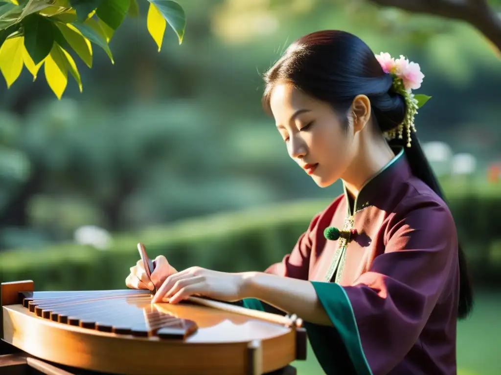 Un músico toca un guzheng chino en un jardín sereno, destacando la historia y legado del instrumento con detalles exquisitos