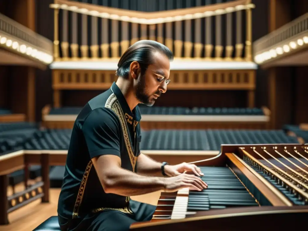 Un músico hábil toca el címbalo en un majestuoso auditorio, con iluminación dramática que resalta sus manos creando arte musical