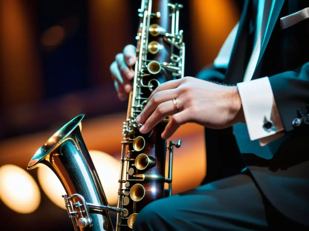 Un músico de clarinete bajo en jazz tocando con maestría en un concierto, destacando la elegancia del instrumento y sus intrincados movimientos