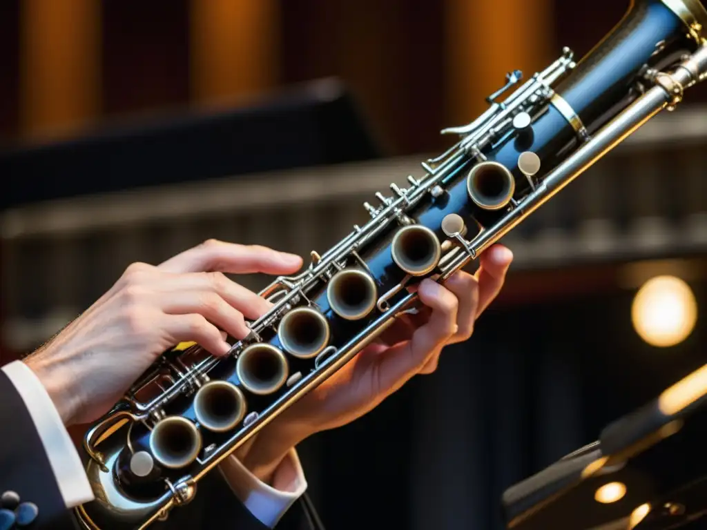 Un músico de clarinete bajo experto muestra sus técnicas de ejecución con maestría, concentración y destreza en el escenario