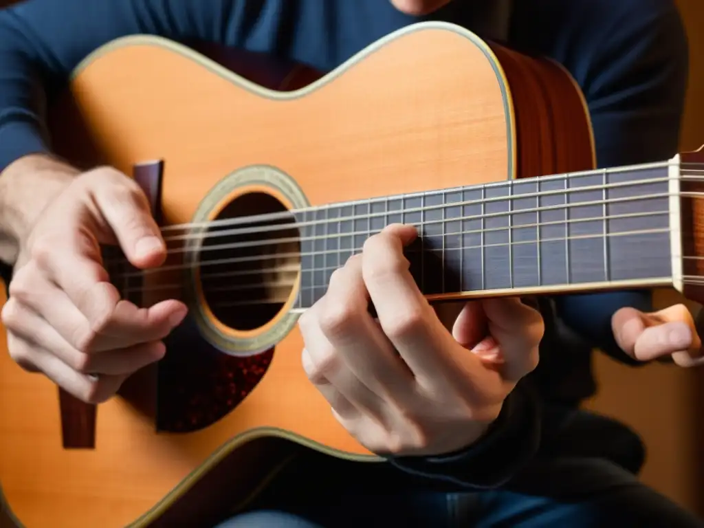 Un músico de guitarra clásica ejecuta la técnica trémolo, mostrando la precisión y emoción en su mano