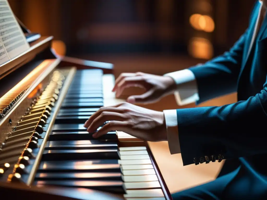 Un músico toca un clavecín electrónico en un escenario, creando una atmósfera cálida y envolvente con su música