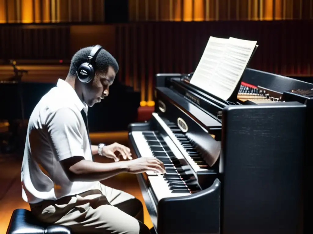 Un músico toca el órgano Hammond B3 en un club de jazz, con intensa concentración y pasión