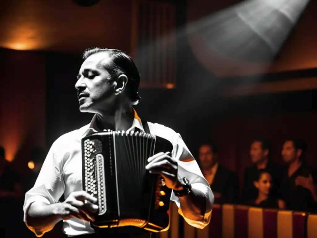 Un músico de bandoneón interpreta apasionadamente en un club de tango, destacando la importancia cultural del bandoneón en el tango