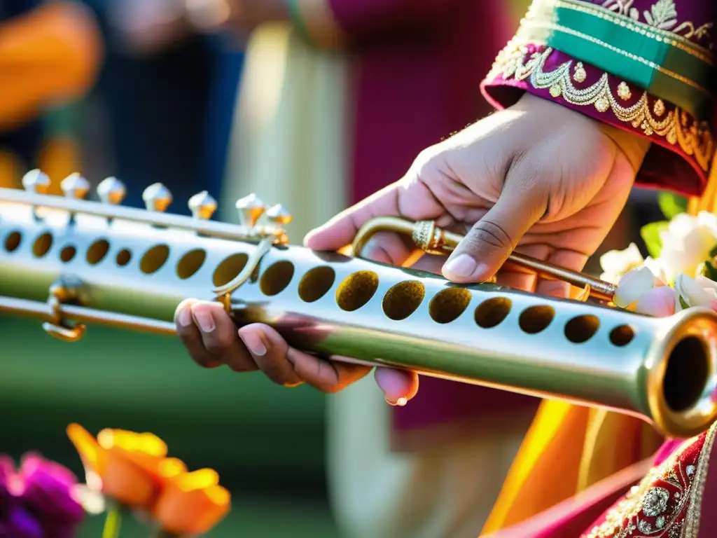 Un músico toca el shehnai en una colorida boda india, mostrando el significado cultural del shehnai indio