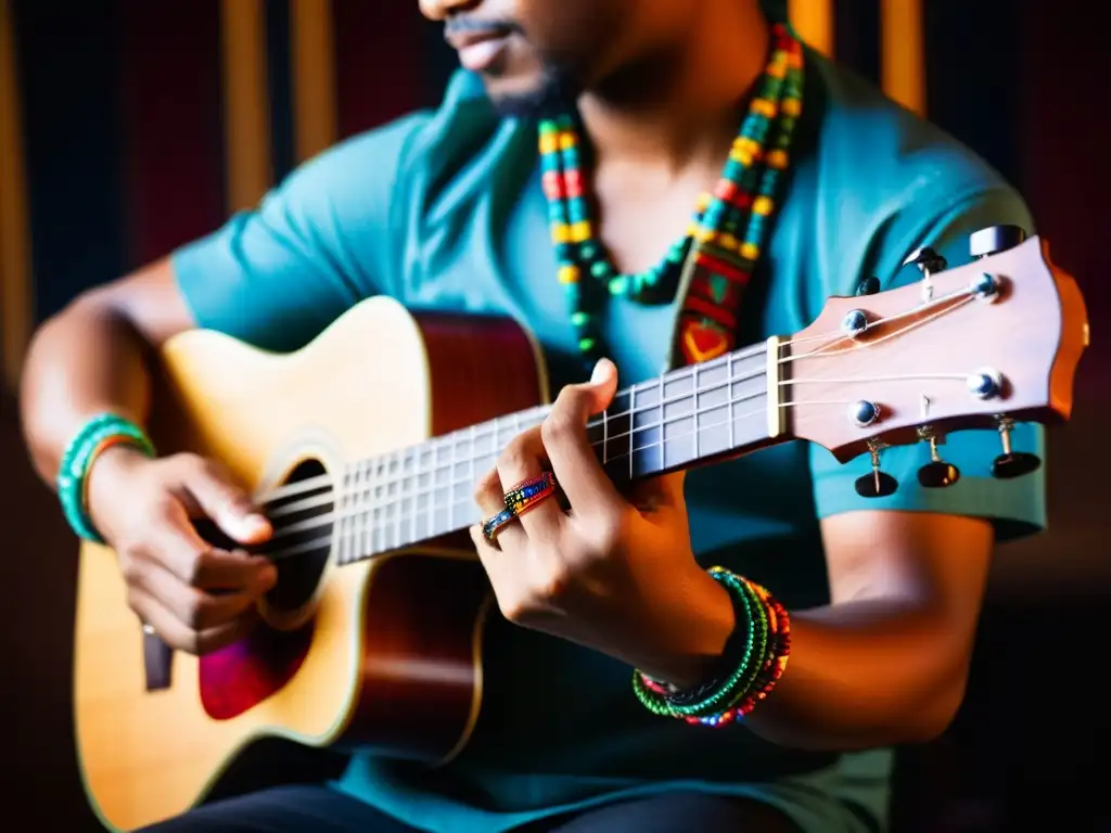 Un músico toca un ukelele con pasión, resaltando el colorido del instrumento y sus adornos culturales