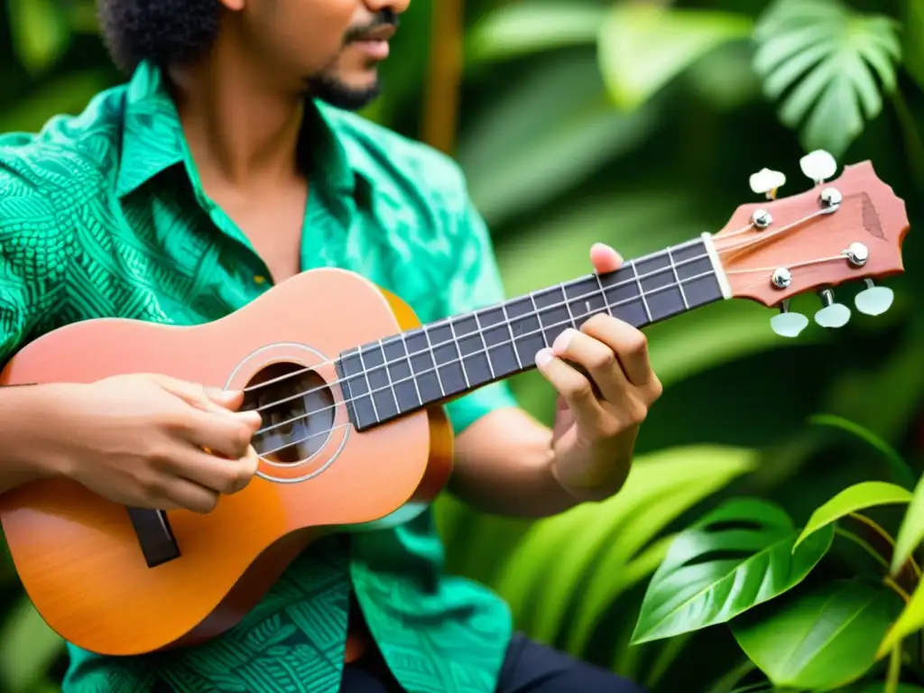 Un músico toca un ukelele colorido en medio de exuberante vegetación tropical, capturando la esencia de la improvisación tropical con ukelele