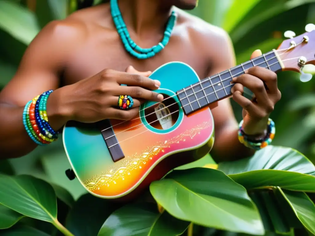 Un músico improvisa con pasión en un ukelele colorido, rodeado de exuberante vegetación