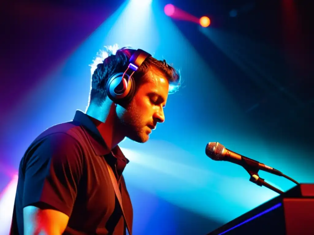 Un músico en competencias de música en vivo usa una loop station, concentrado y apasionado, rodeado de luz dramática y una audiencia cautivada