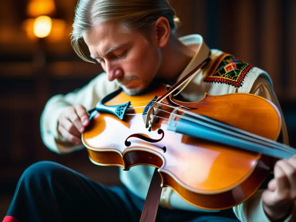 Un músico concentradamente toca un Hardanger Fiddle en una habitación tenue, destacando las tallas del instrumento y la rica vestimenta noruega, transmitiendo la historia y sonido del Hardanger Fiddle