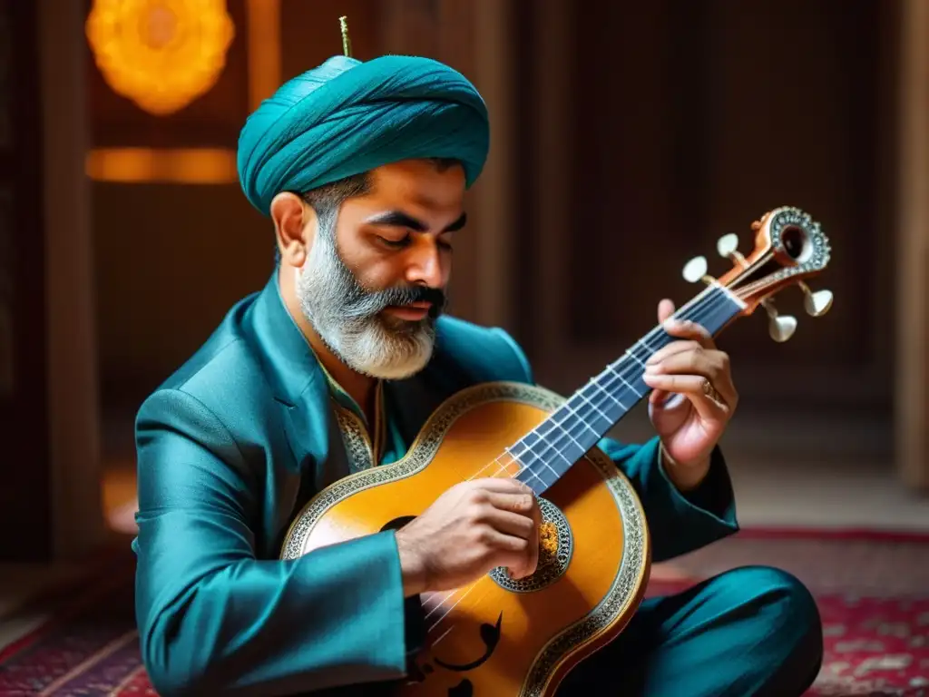 Un músico persa concentradamente tocando el Setar, rodeado de luz cálida y elementos culturales, en una escena evocadora