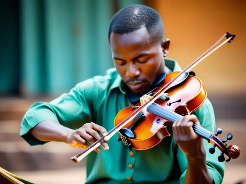 Un músico concentrado toca el violín africano Zeze, sus dedos se mueven produciendo sonidos auténticos