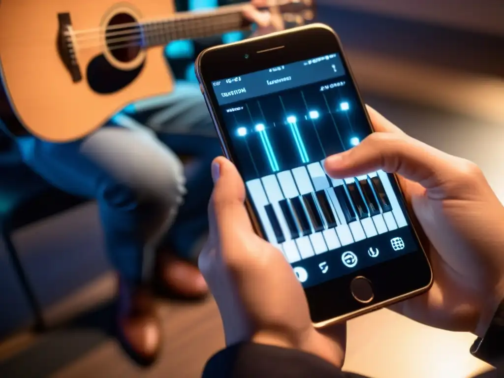 Un músico concentrado utilizando una app musical en su smartphone, demostrando la influencia de los smartphones en la práctica musical