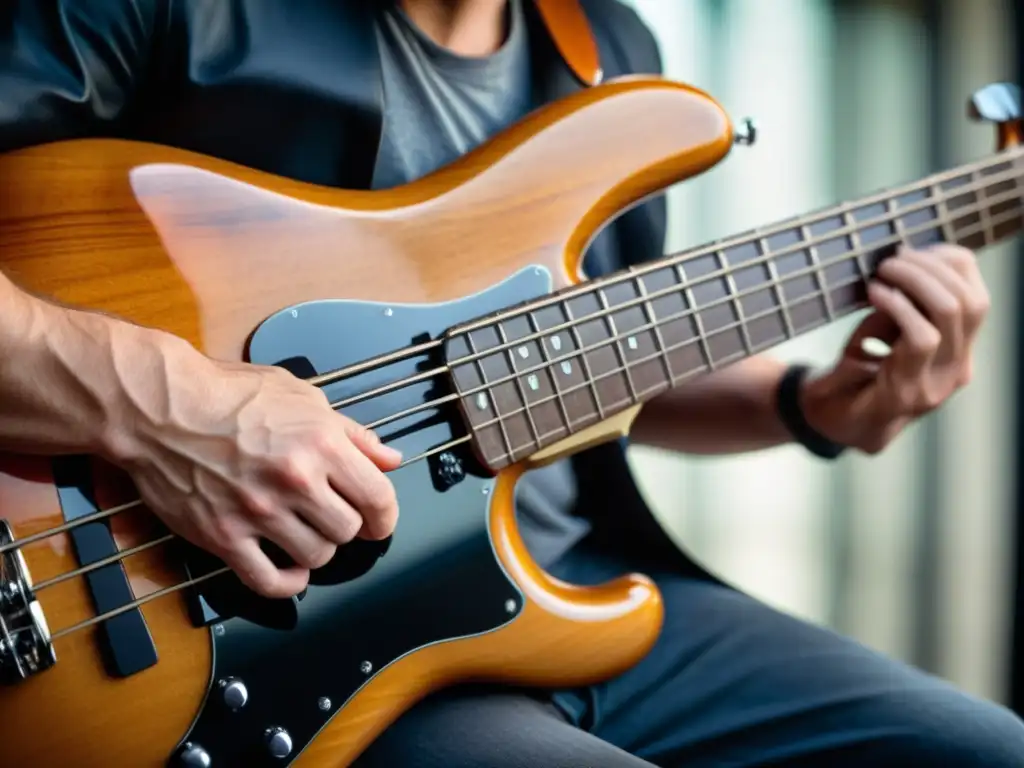 Un músico concentrado toca el bajo eléctrico, destacando las características sonoras del instrumento