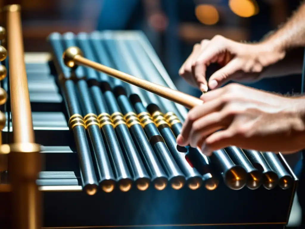 Un músico concentrado toca el glockenspiel en una banda marcial, mostrando técnicas de glockenspiel en banda marcial con precisión y pasión