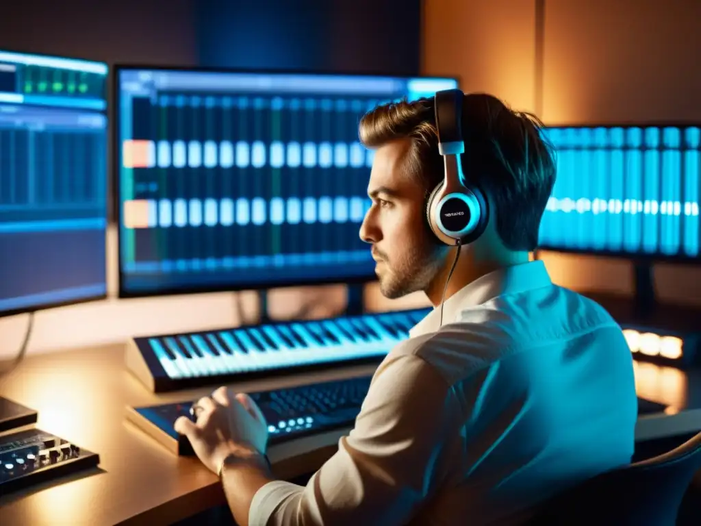 Un músico concentrado en su computadora, rodeado de instrumentos musicales, usando un simulador de instrumentos musicales virtuales