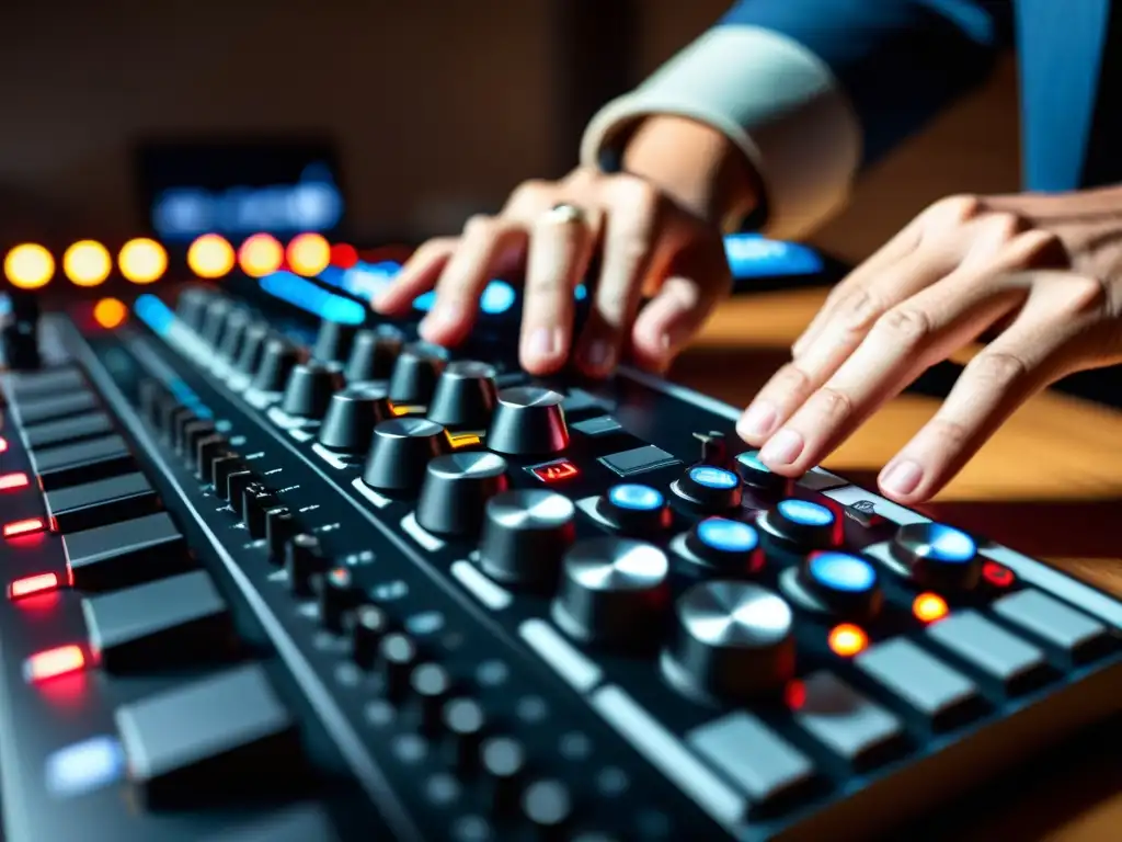 Un músico concentrado manipula los controles de un teclado MIDI, en un entorno profesional con equipos musicales