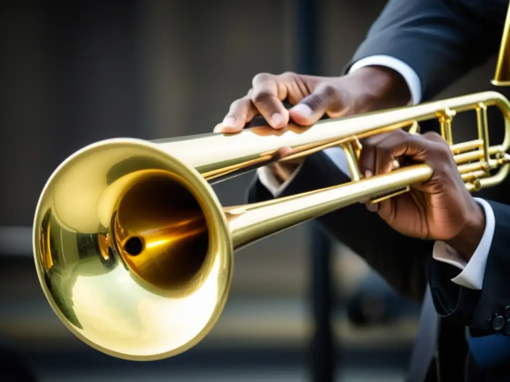 Un músico concentrado manipula con destreza la vara del trombón