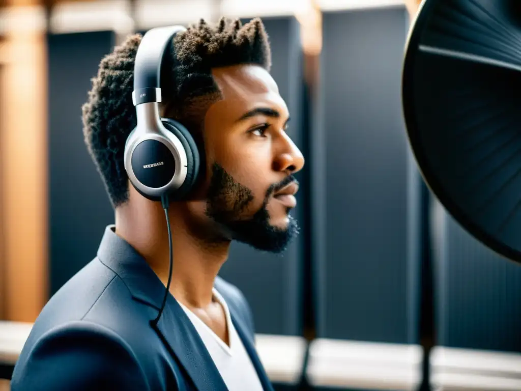 Un músico concentrado en su entrenamiento auditivo para músicos, usando auriculares en un estudio rodeado de instrumentos musicales y paneles de insonorización