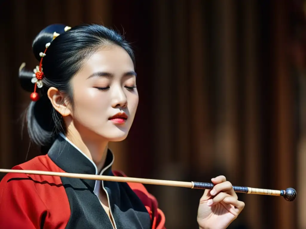 Un músico concentrado toca el erhu chino con pasión, mostrando la rica historia y sonido del instrumento