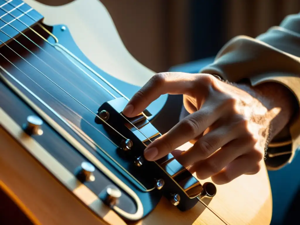 Un músico concentrado construyendo escalas para improvisar en el mástil de una guitarra, bañado por cálida luz natural