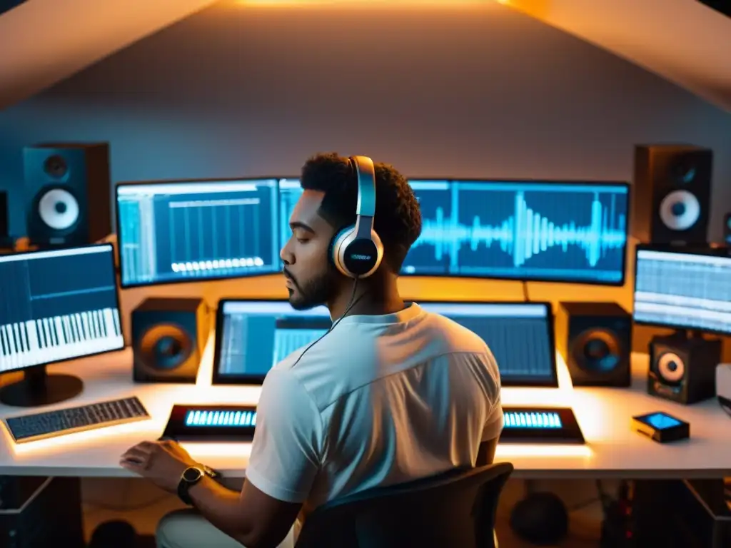 Un músico concentrado en su estación de trabajo digital, rodeado de instrumentos electrónicos