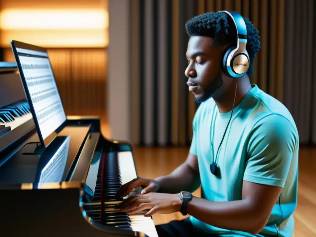 Un músico concentrado en una lección de piano digital en un entorno educativo online para aprender instrumentos musicales