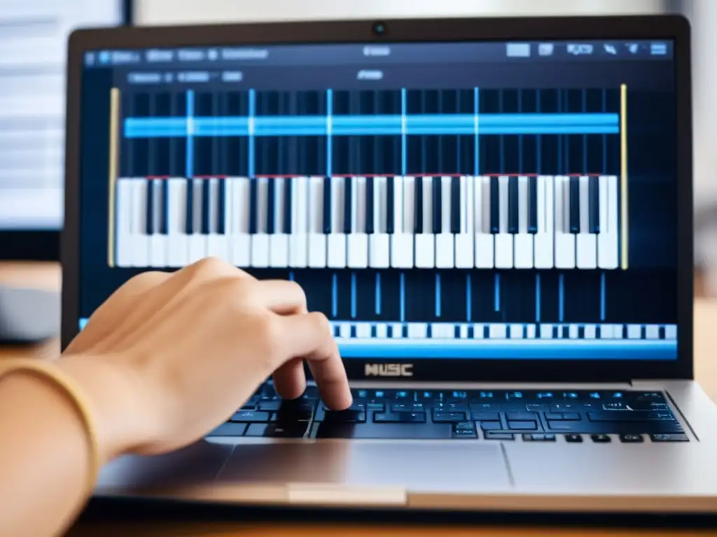 Un músico concentrado utilizando las mejores aplicaciones teclado musical en su computadora, rodeado de instrumentos musicales