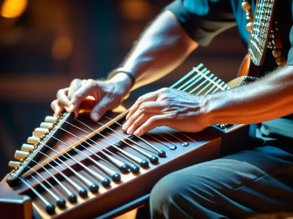 Un músico concentrado toca la nyckelharpa, mostrando la historia y la conexión con la música folk sueca