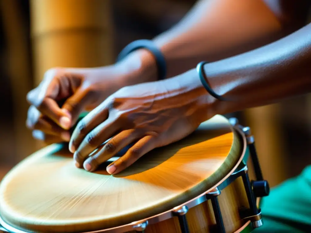 Un músico concentrado raspa un recoreco en un grupo de música brasileña, capturando la pasión y destreza de los ritmos raspados en la música brasileña