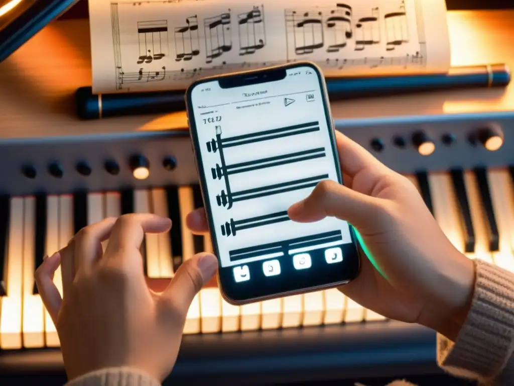 Un músico concentrado utiliza su smartphone para componer música, fusionando la influencia de smartphones con la práctica musical tradicional