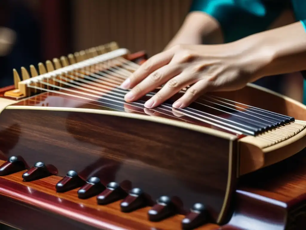 Un músico concentrado pluckeando el guzheng, fusionando tradición e innovación en la música