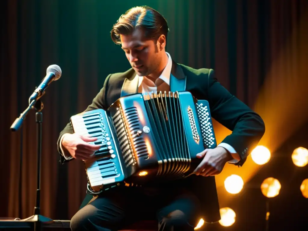 Un músico hábil toca una concertina vintage en un escenario tenue, evocando historia y tradición con sus detalles