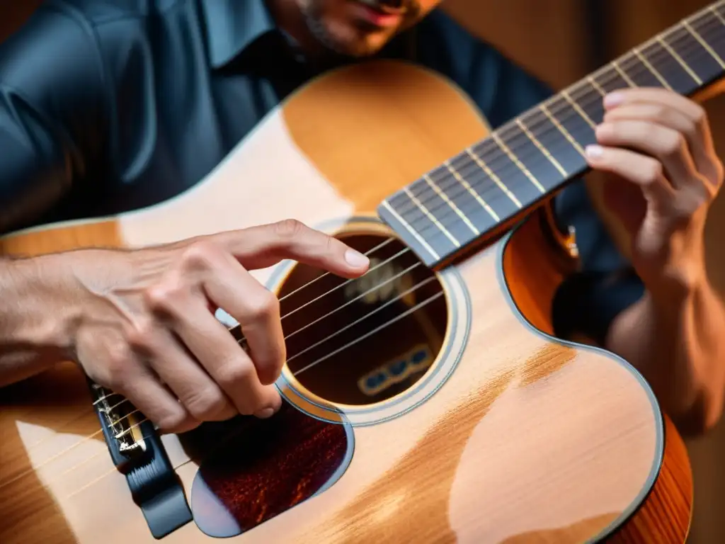Un músico en un concierto de guitarra acústica, conmoviendo al público con su interpretación