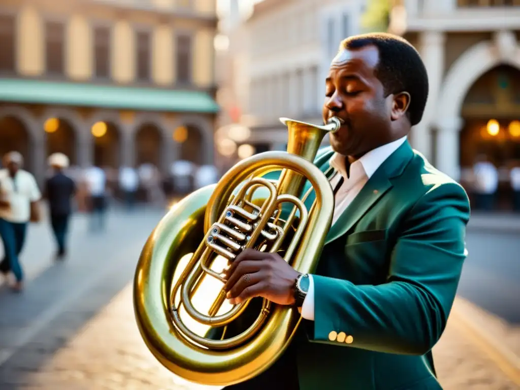 Un músico toca una tuba en una concurrida plaza, mostrando en detalle su pasión y destreza
