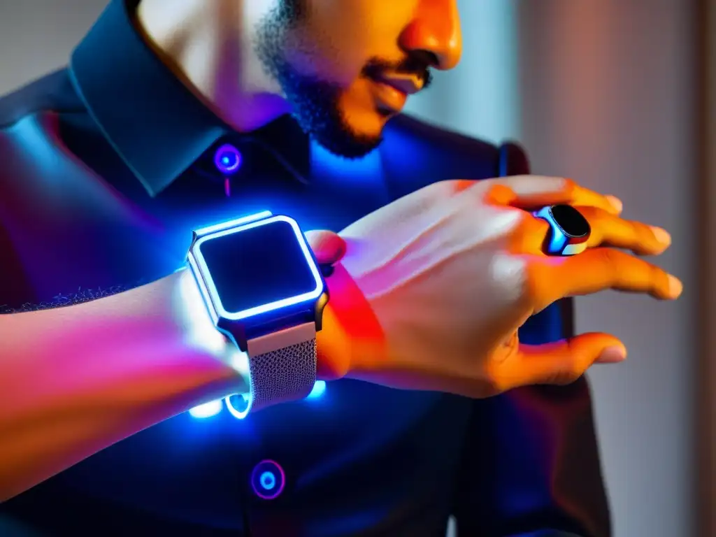 Un músico conectado a su instrumento a través de un dispositivo wearable futurista, iluminando su actuación con tecnología