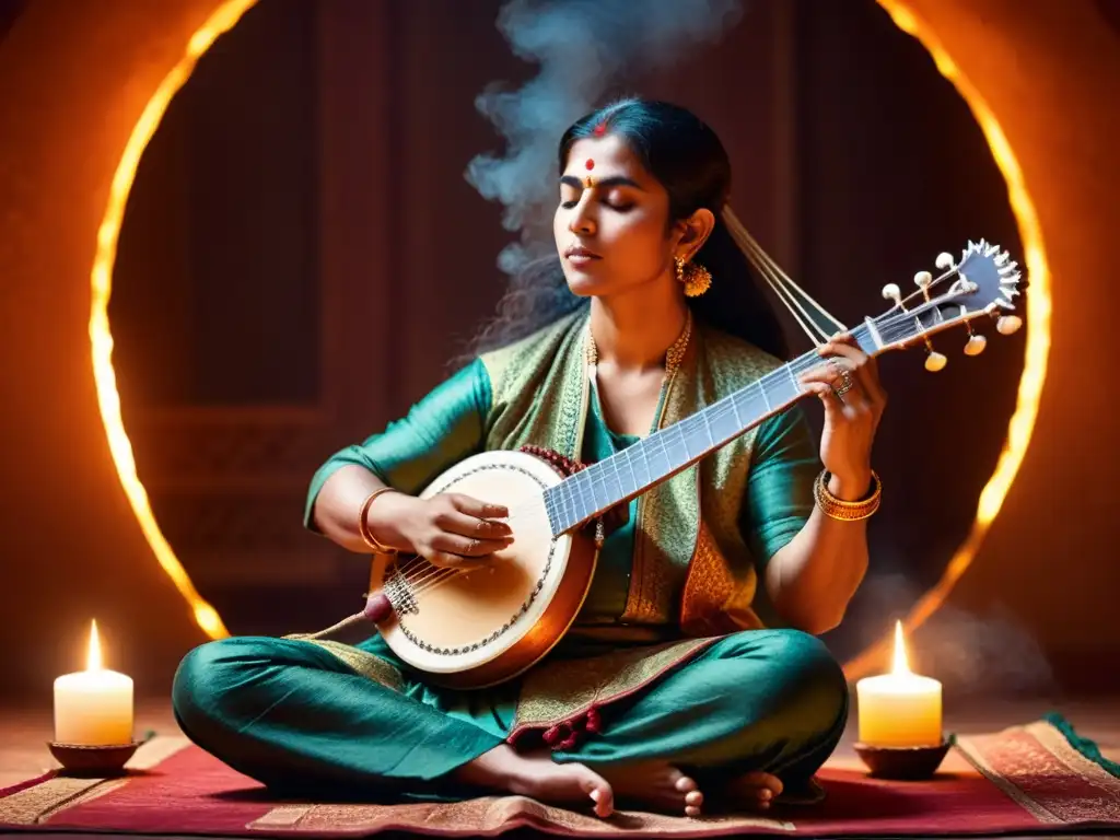 Un músico de sitar crea una conexión espiritual con la música hindú, inmerso en un ambiente tranquilo de incienso y luz de velas