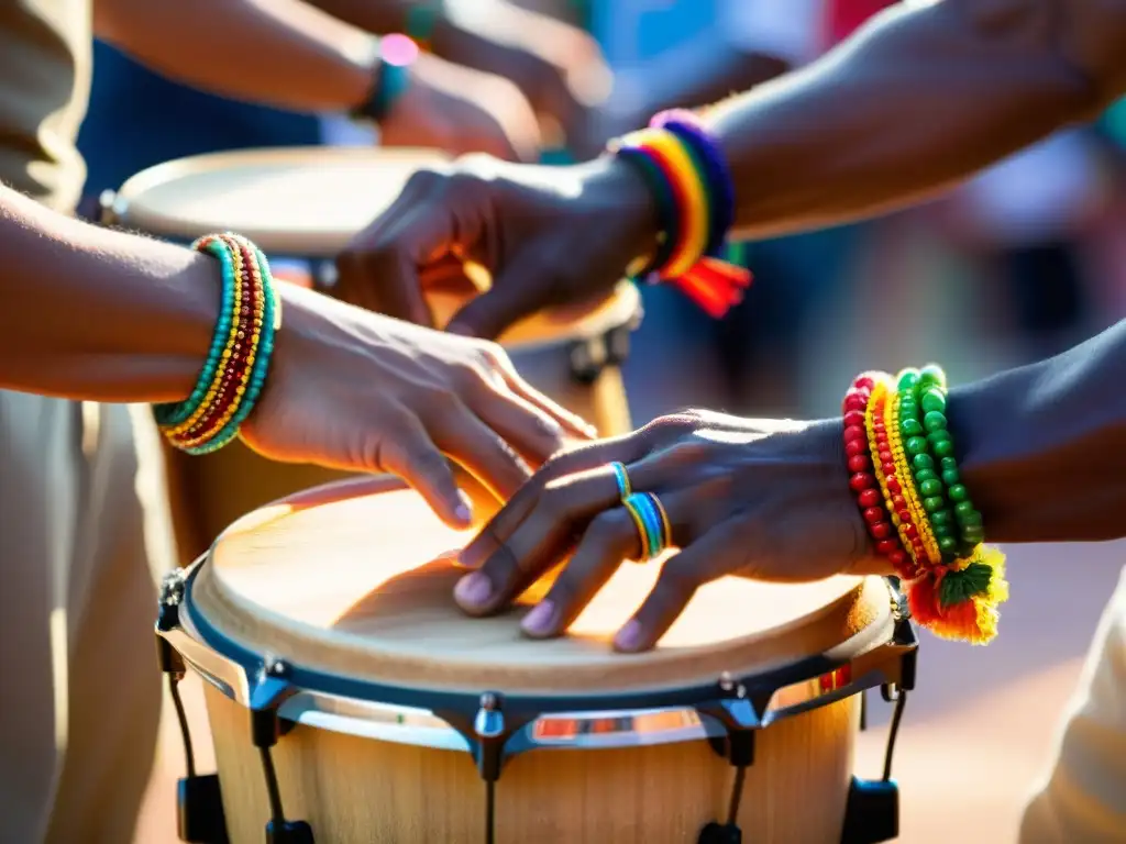 Un músico toca con pasión las congas, mostrando la autenticidad cultural y los patrones rítmicos de la percusión tango