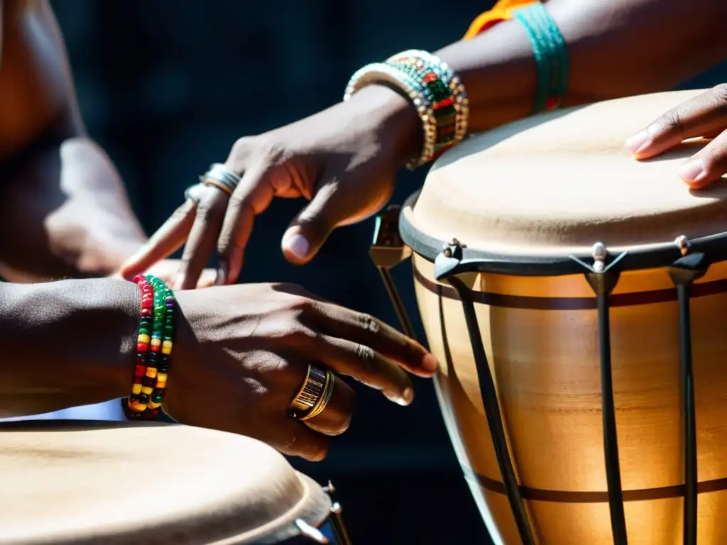 Un músico toca las congas con destreza, mostrando la técnica de las congas en la música afrocubana