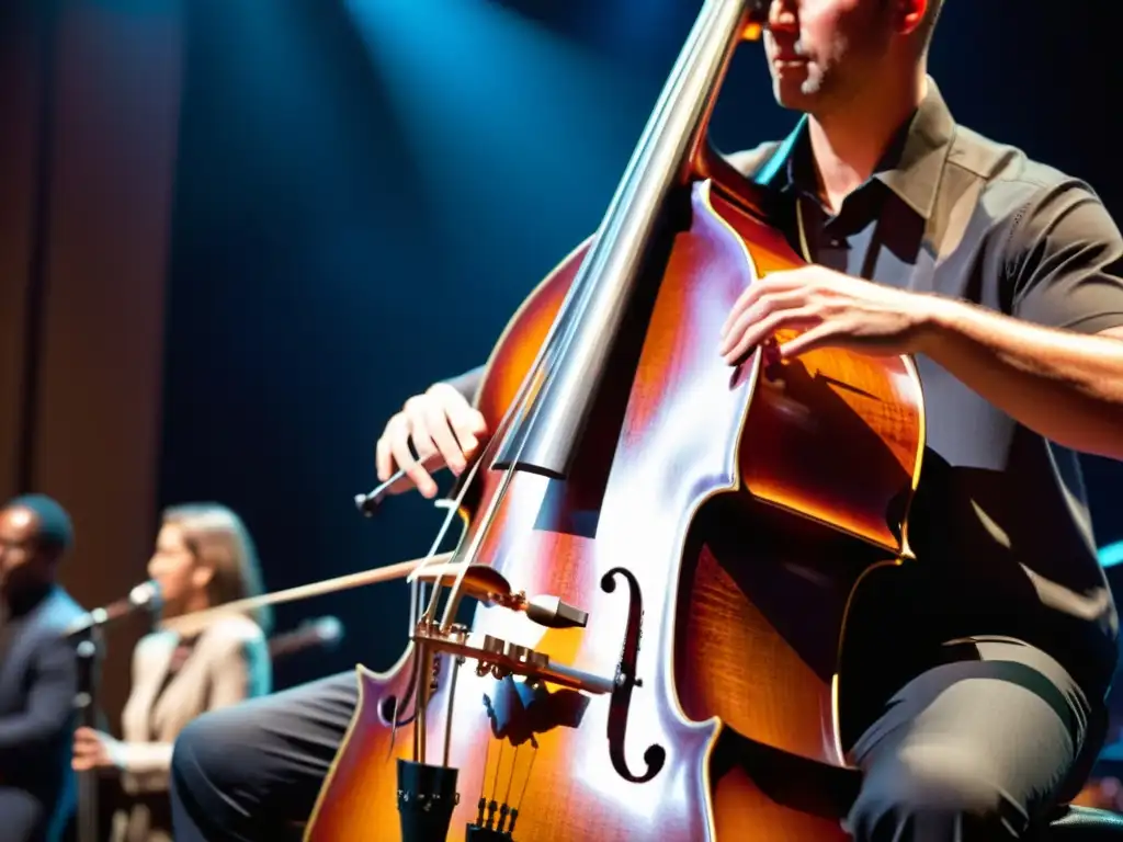 Un músico hábil toca el contrabajo eléctrico en un escenario de jazz, con detalle y pasión