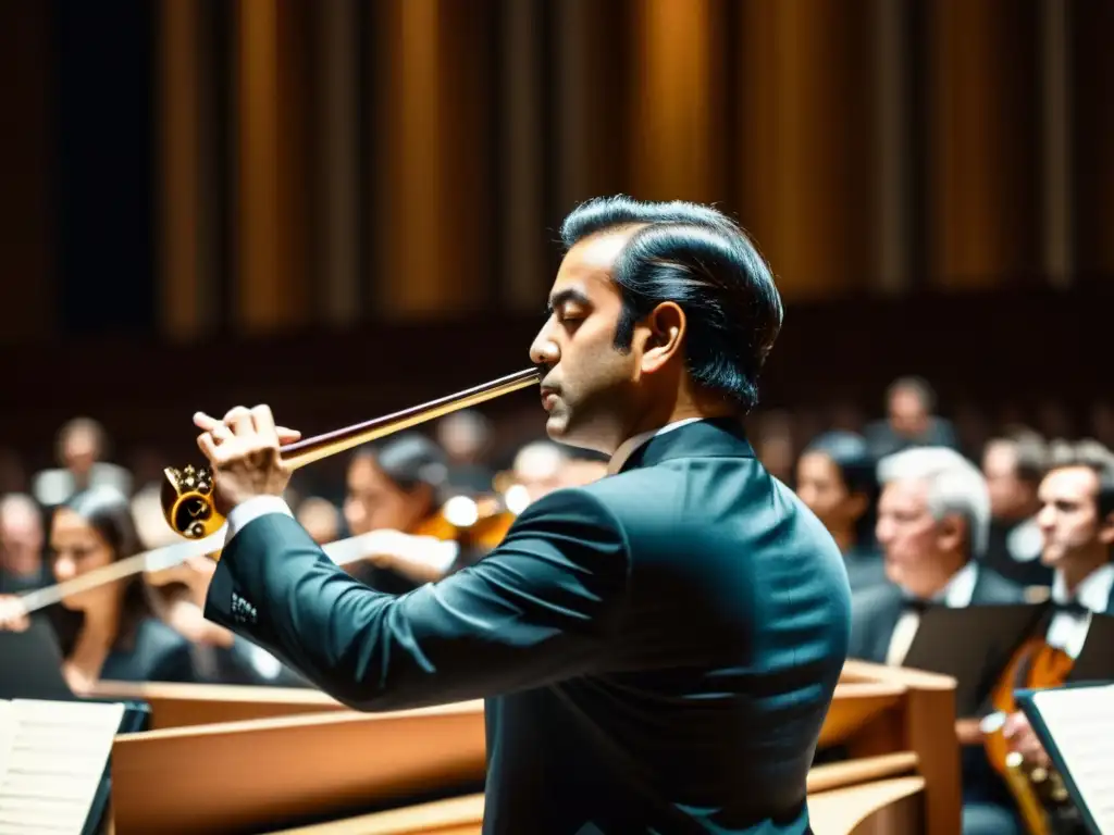 Un músico de contrabajo de vientos en medio de una orquesta, destacando la vitalidad del instrumento