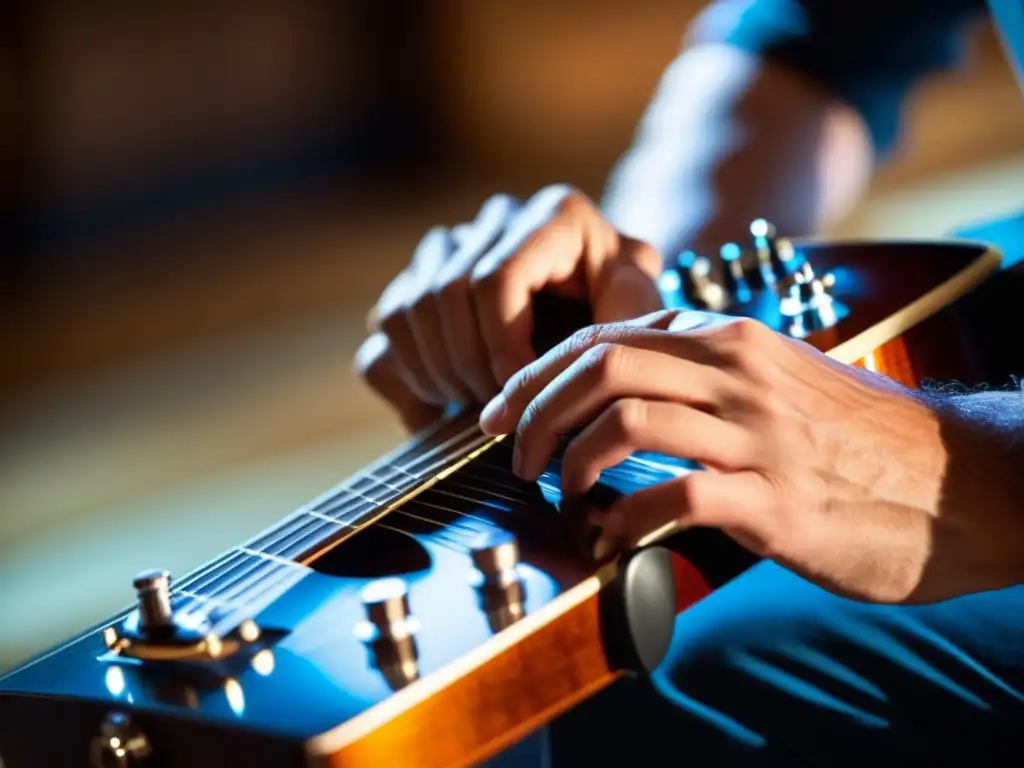 Un músico ajusta el control de volumen en su guitarra con delicadeza, concentrado en su interpretación