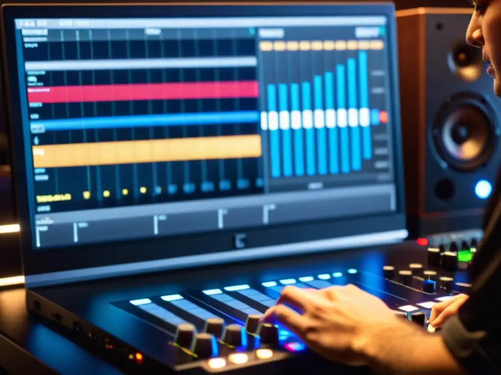 Un músico ajusta los controles del AutoTune en un estudio de grabación, iluminado por la pantalla del ordenador