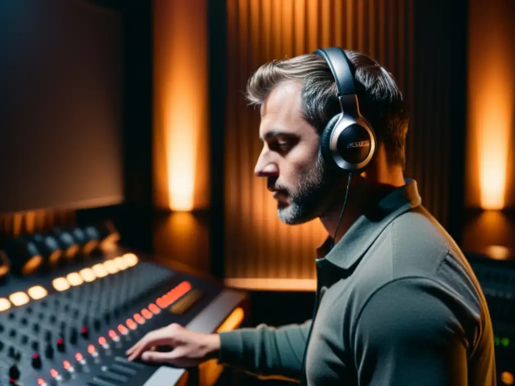 Un músico ajusta controles en un estudio de grabación espacial para experiencia musical, con instrumentos y paneles de insonorización