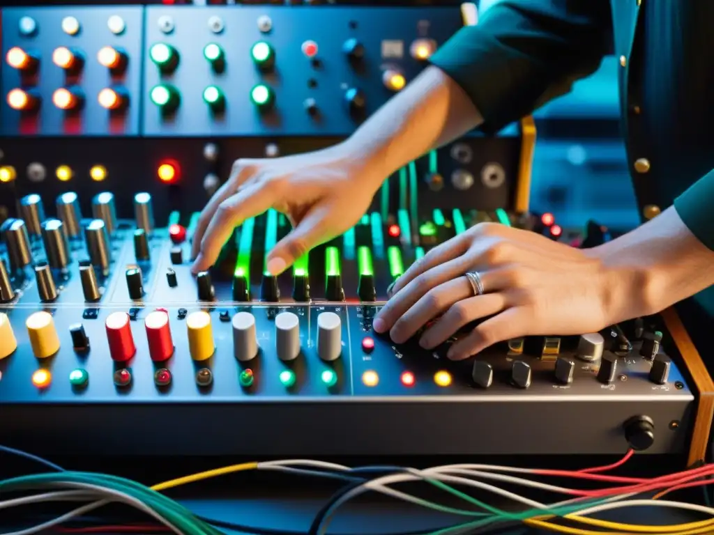 Músico ajustando sintetizador modular: detalle fascinante Un músico ajusta los controles de un sintetizador modular, rodeado de cables y concentración
