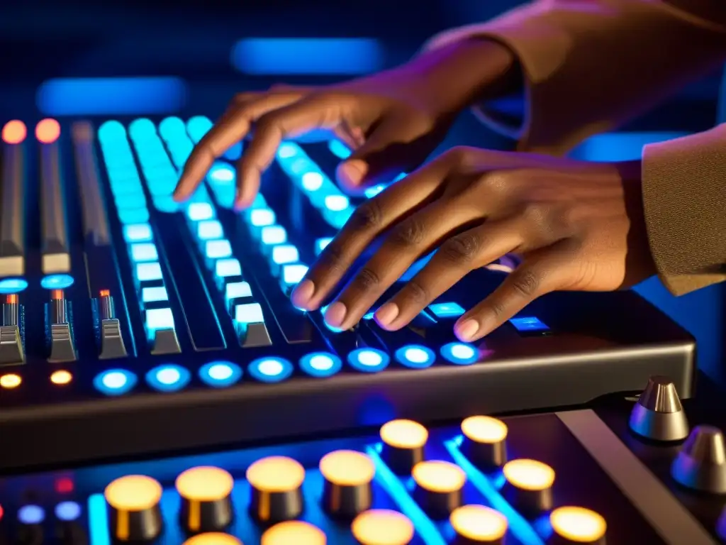 Un músico manipula con precisión los controles de un teclado MIDI, fusionando la creatividad musical con la innovación tecnológica