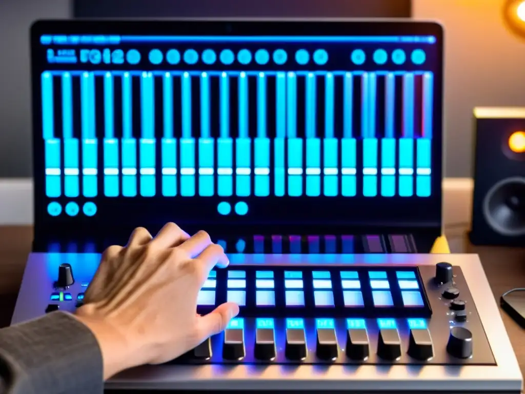 Un músico ajusta con precisión los controles de un teclado MIDI, fusionando lo tradicional con la tecnología digital