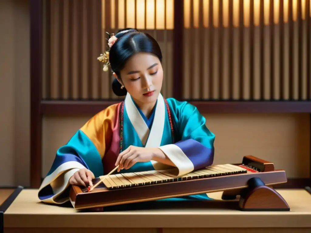 Un músico coreano toca el gayageum con gracia y concentración, vistiendo traje tradicional