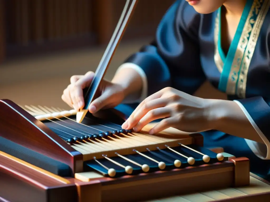 Un músico coreano toca el gayageum con gracia y precisión, destacando la elegancia y armonía de este instrumento de cuerdas